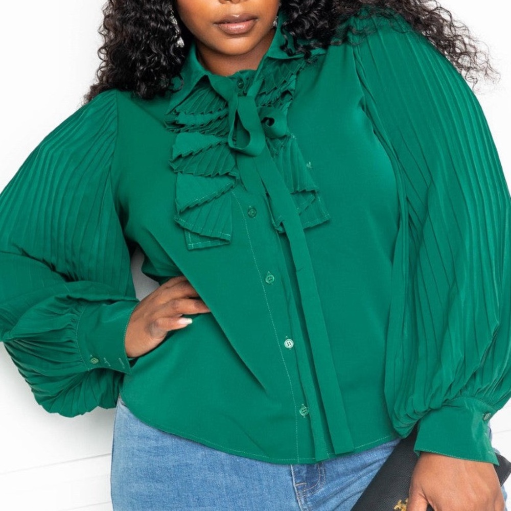Pleated Sleeve Blouse With Waterfall Frill And Bow